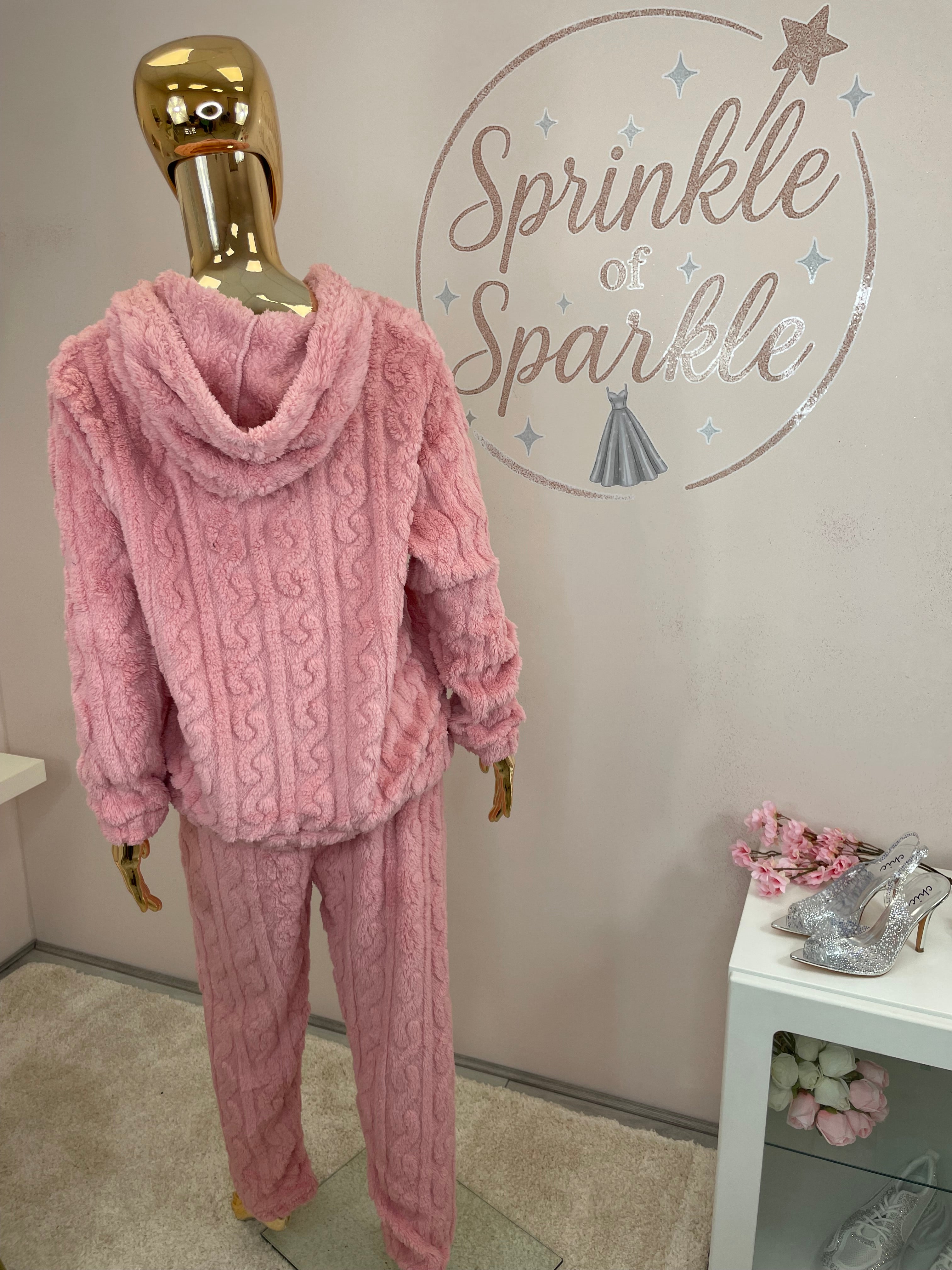Pink Textured Teddy Zip Hoodie and Trouser Lounge Set/ Pyjamas