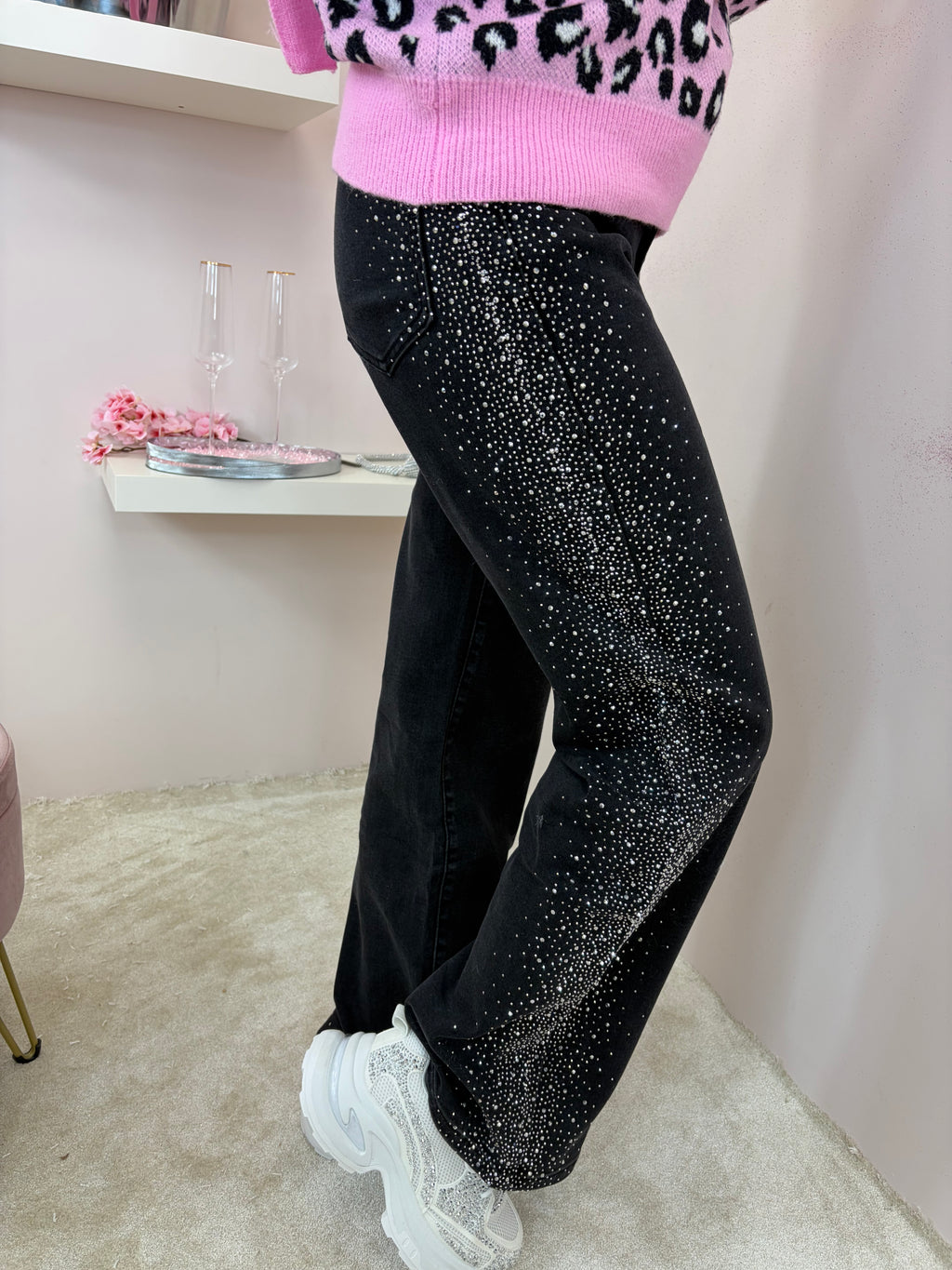 Black Diamanté Sides Embellished Wide Fit Jeans