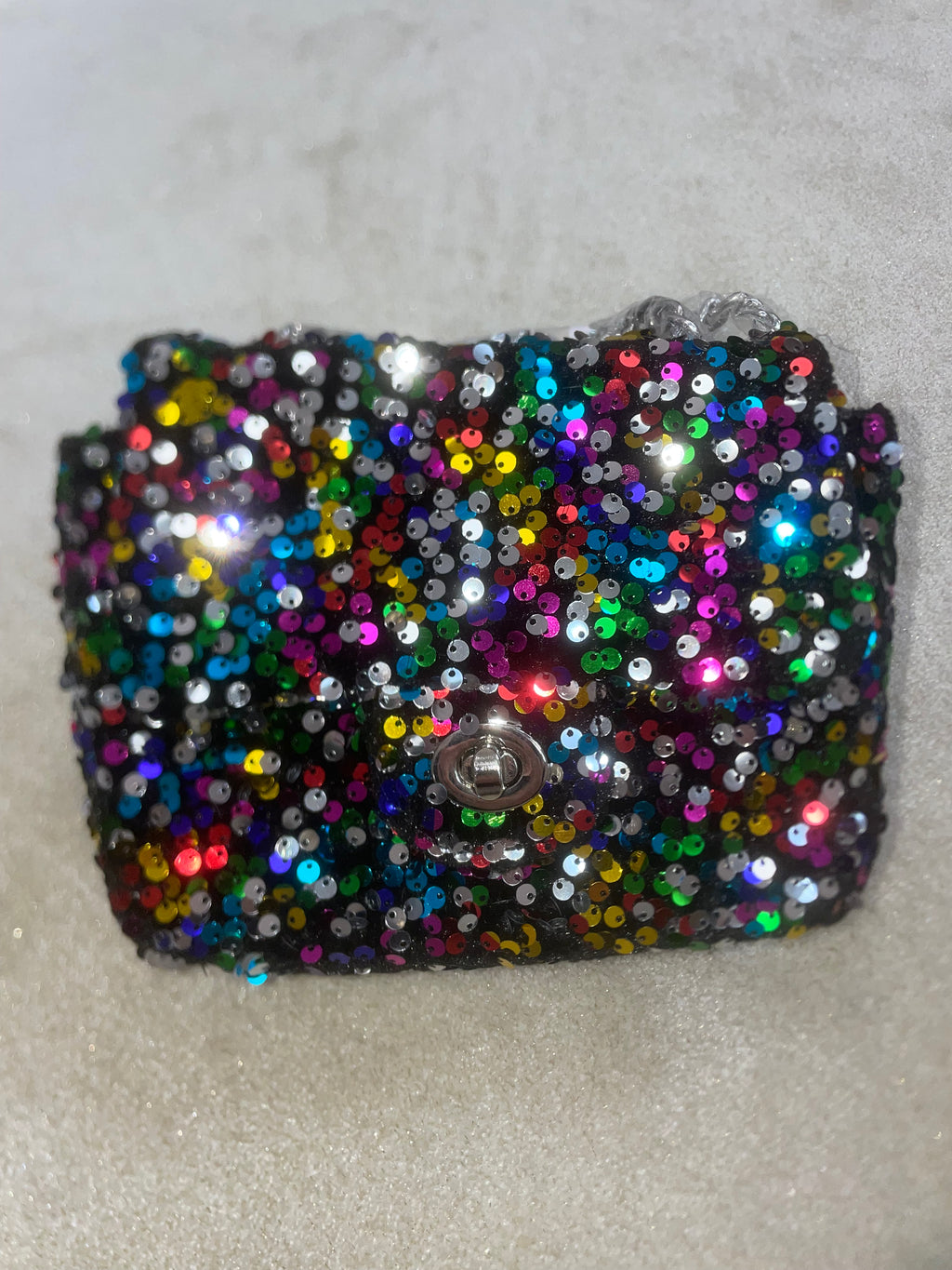 Sequin Flap Twist Lock Cross Body Bag