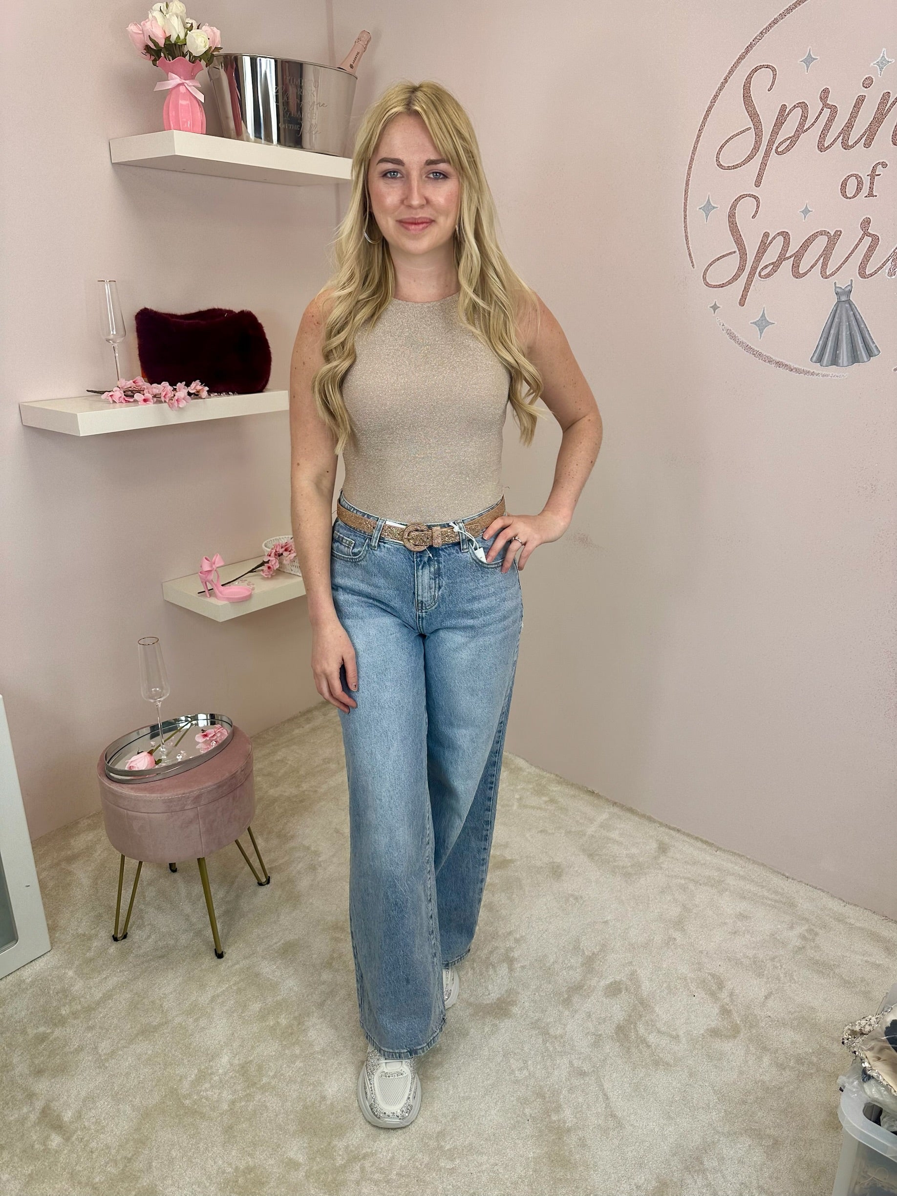 Straight Leg Jeans With Pink Diamante Insert