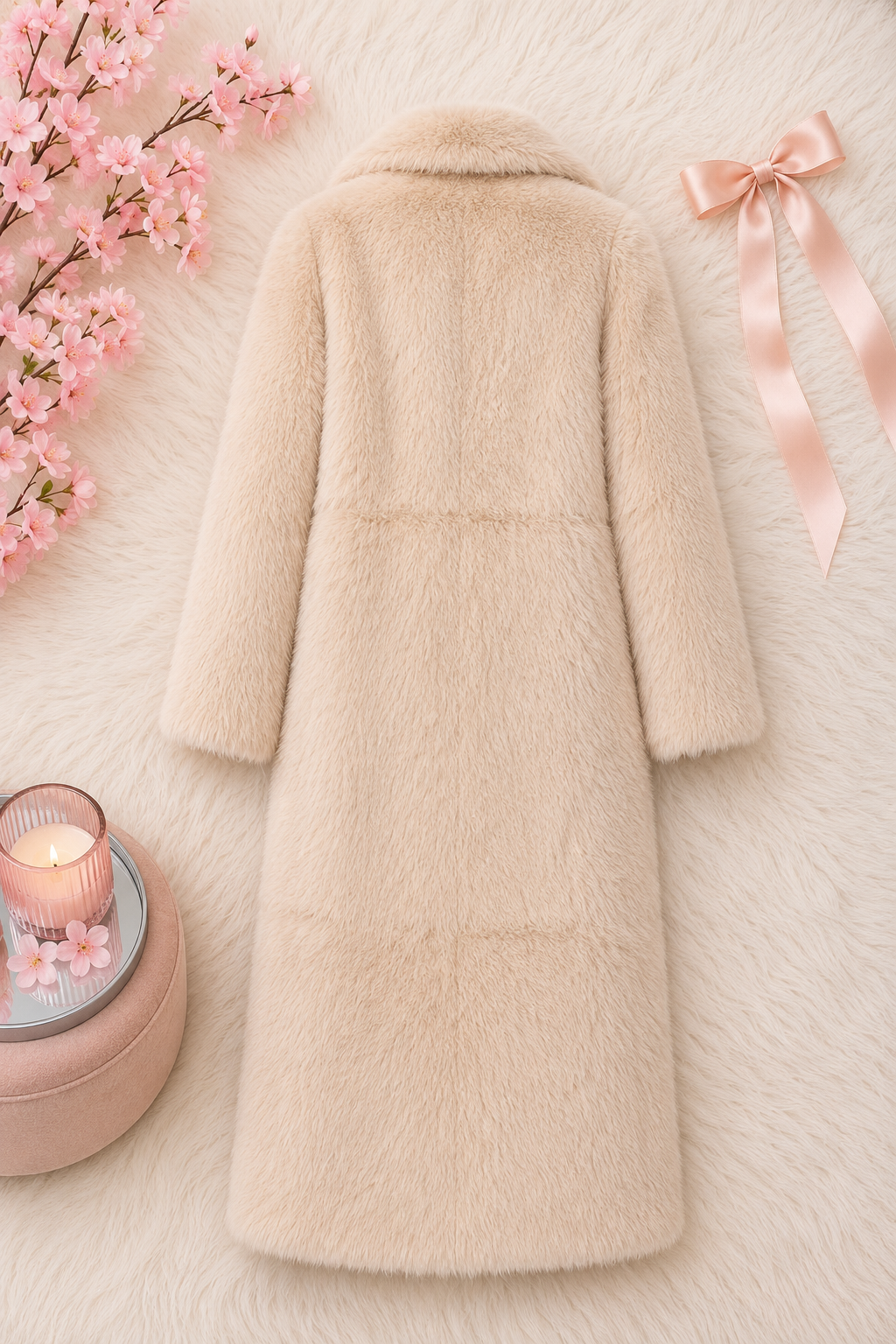 Long Cream Luxe Faux Fur Coat