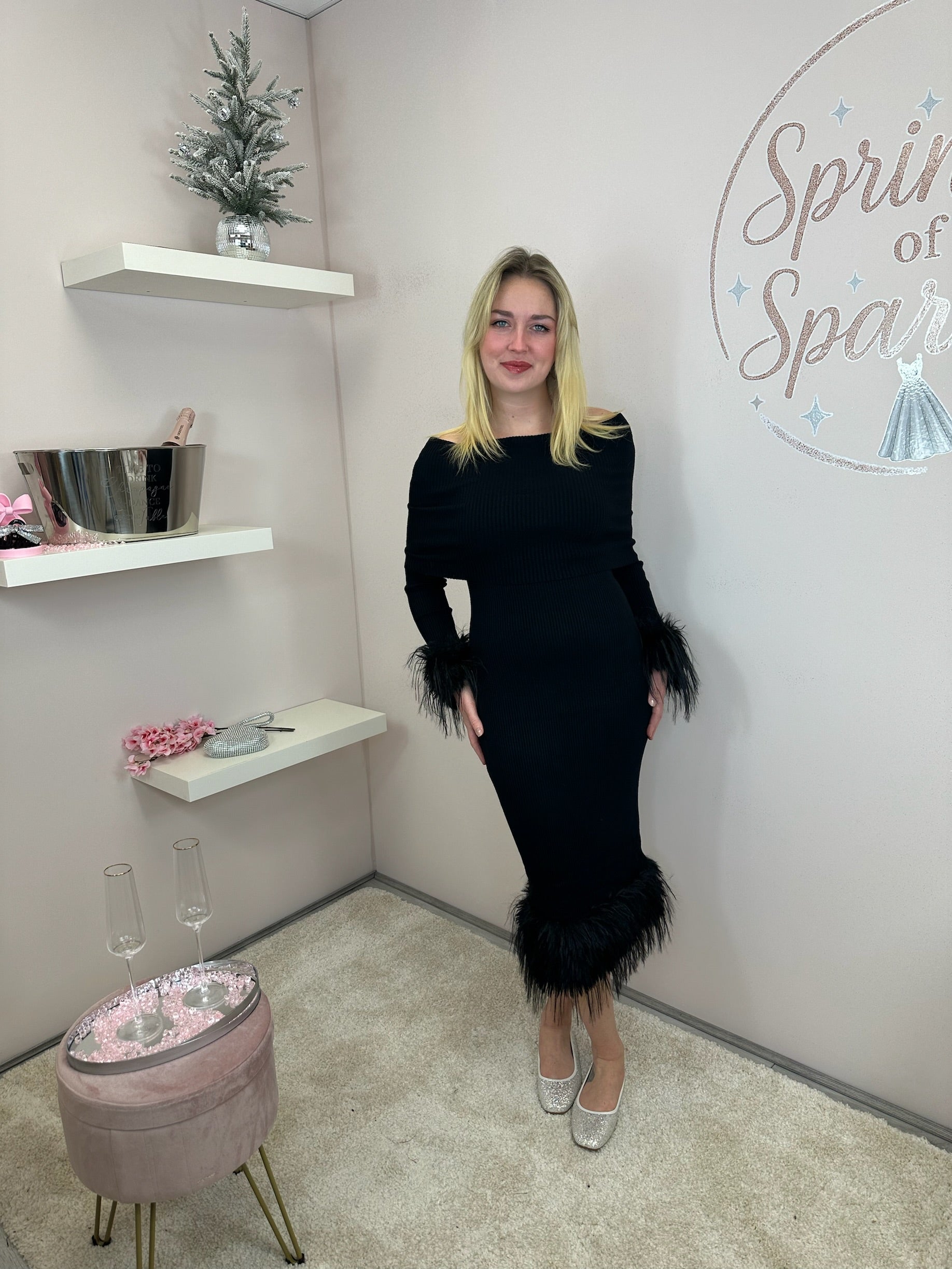 Fur Cuffs Bardot Dress