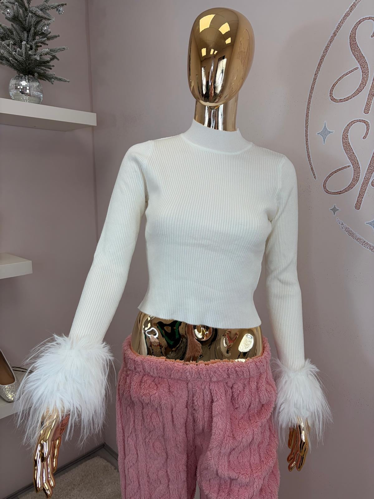 White Fur Cuff Fine Knit Ribbed Jumper