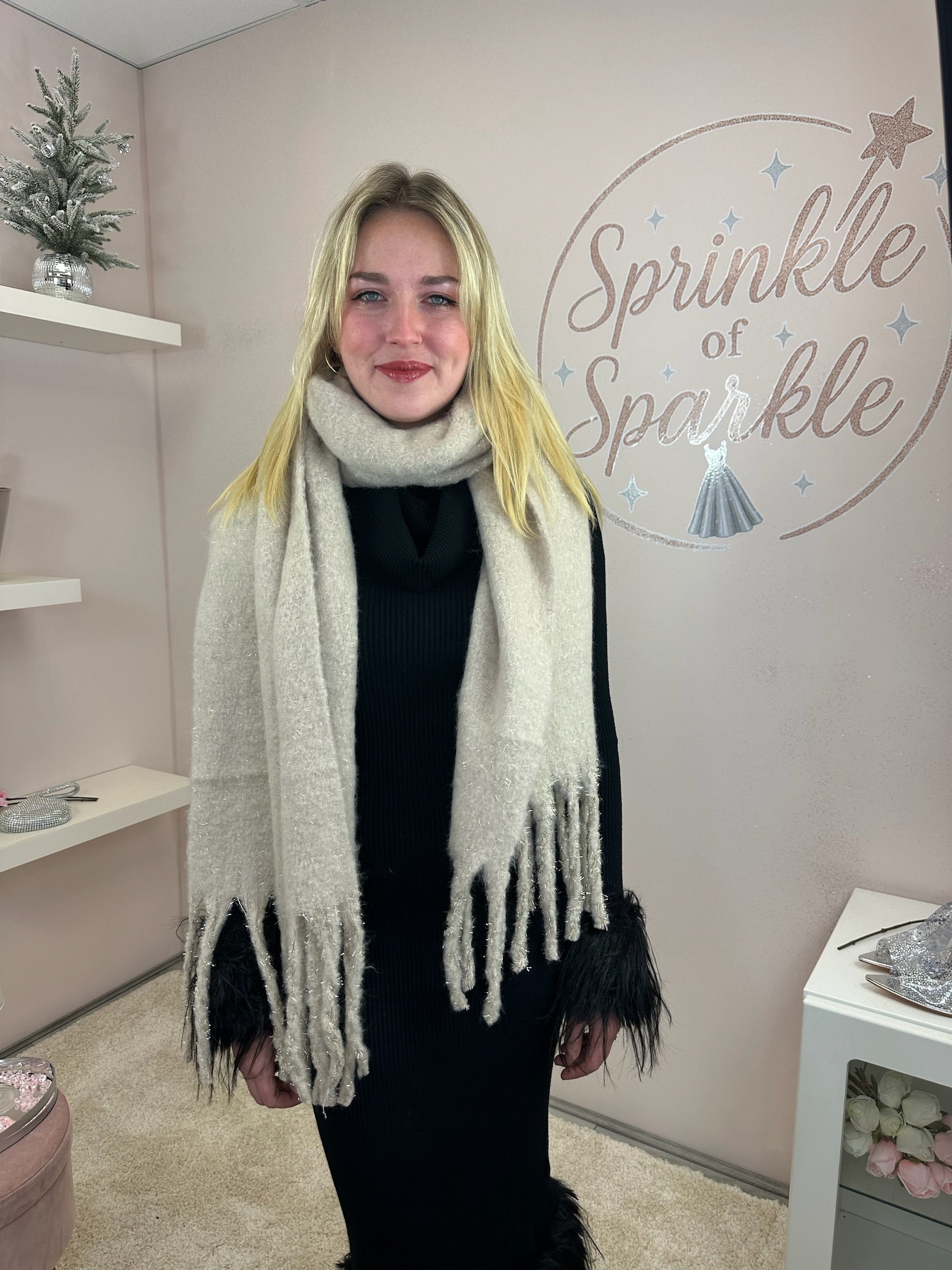 Cream Glitter Super Soft Tassel Scarf
