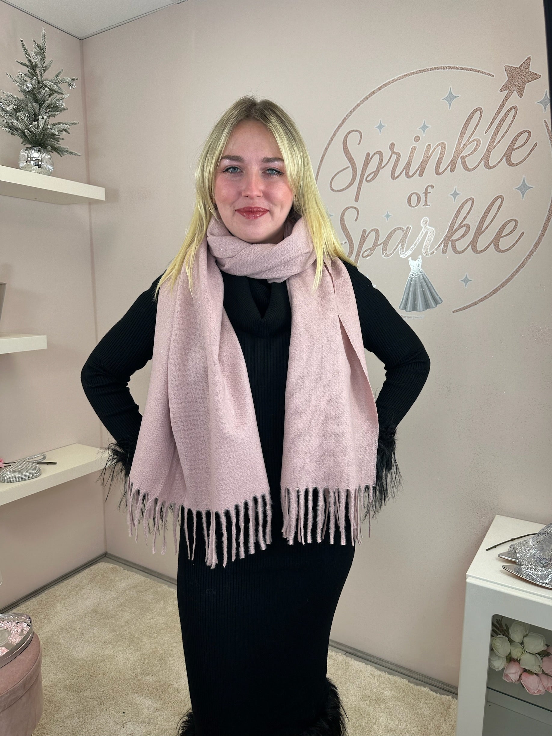 Pink sparkly tassel scarf