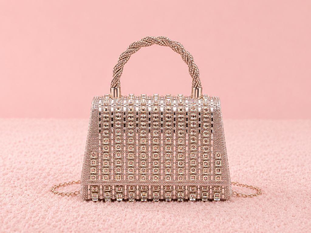 Flap twist handle trapezoid double side diamanté bag