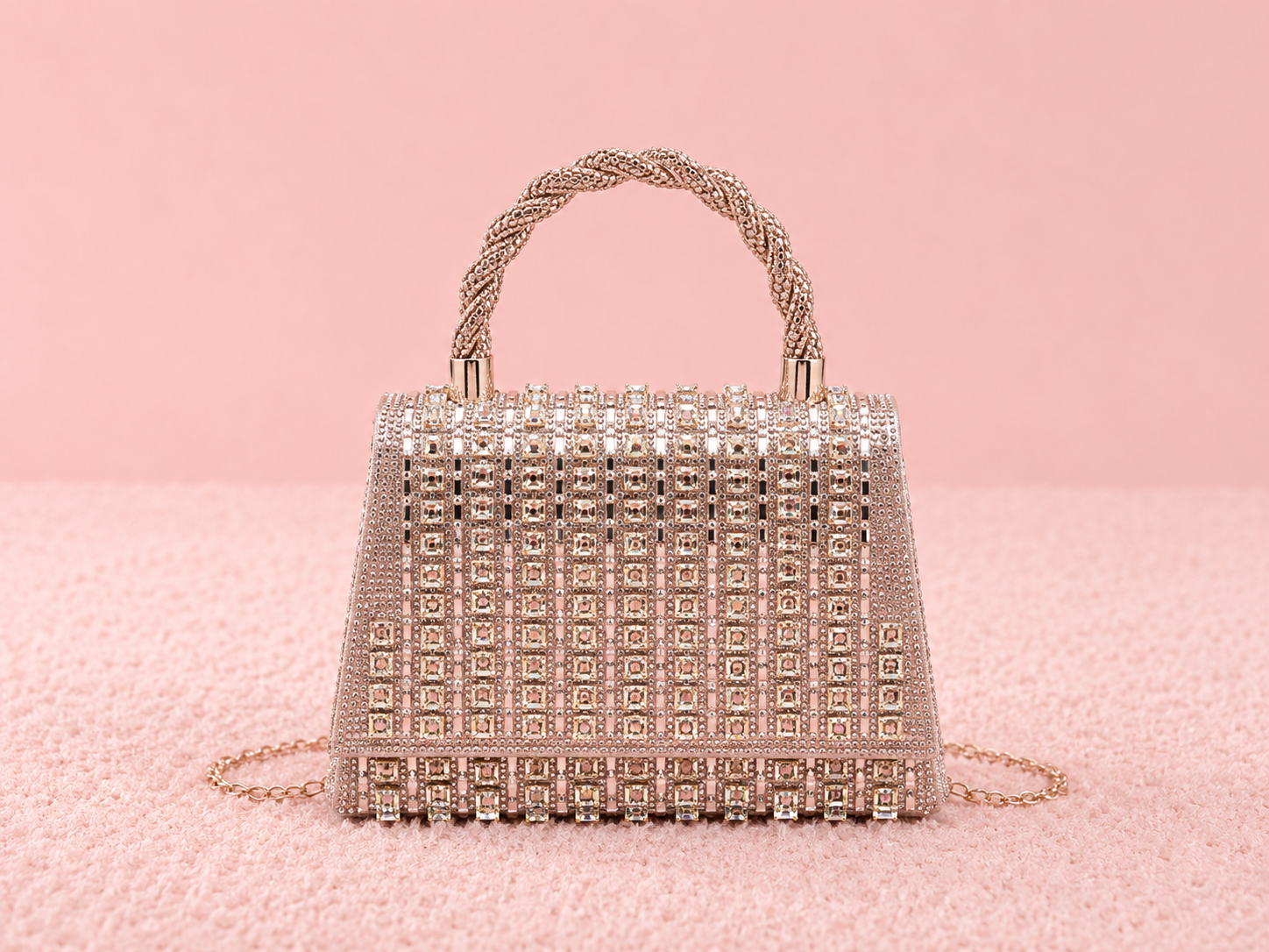 Flap twist handle trapezoid double side diamanté bag