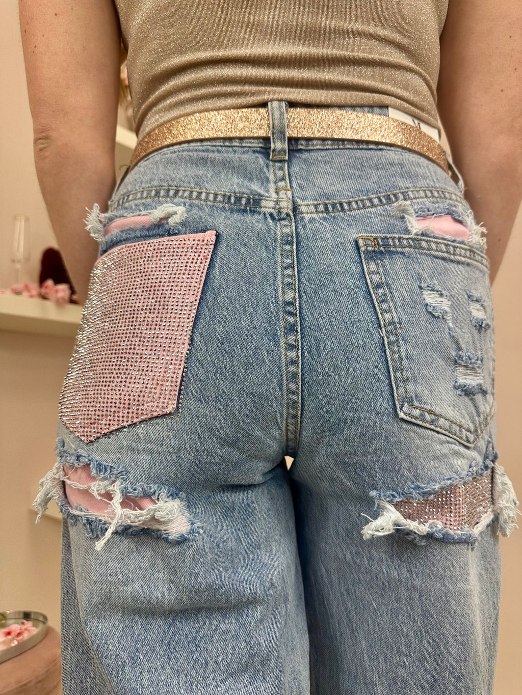 Straight Leg Jeans With Pink Diamante Insert
