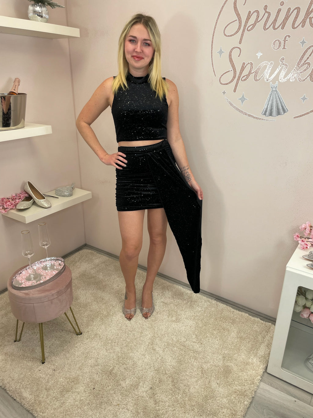 Glitter Velour Crop Top & Ruched Skirt with Drape Co-ord