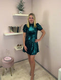 Green Puff Sleeve High Neck Sequin Dress