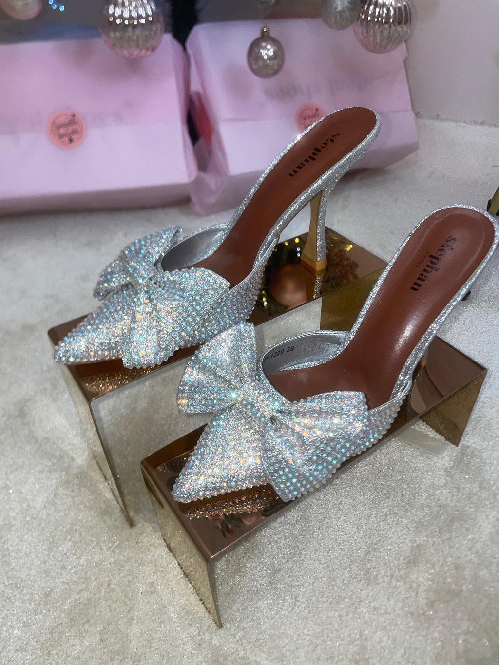 Silver Diamante Bow Cake Stand Heels