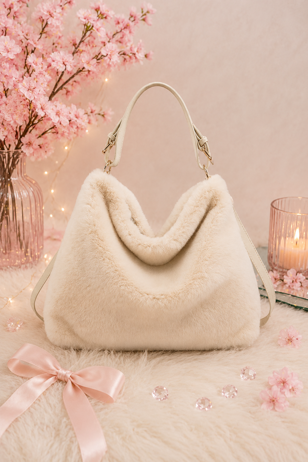 Cream Top Handle Faux Fur Handbag With Top Zip Closure