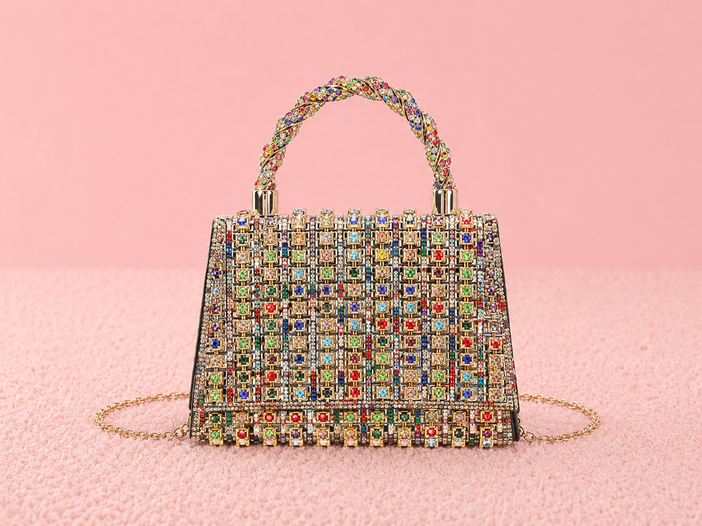Flap twist handle trapezoid double side diamanté bag