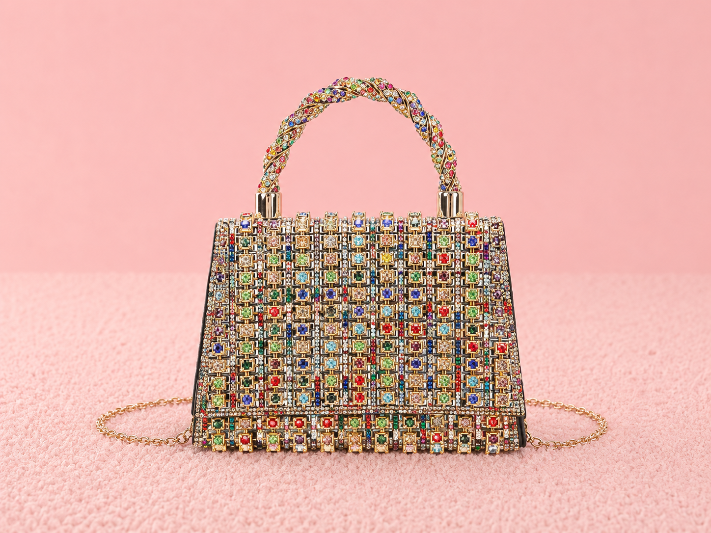 Flap twist handle trapezoid double side diamanté bag