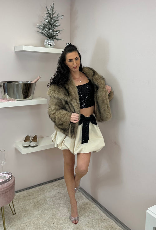 Black & Beige Sequin Bow Puff Ball Mini Skirt