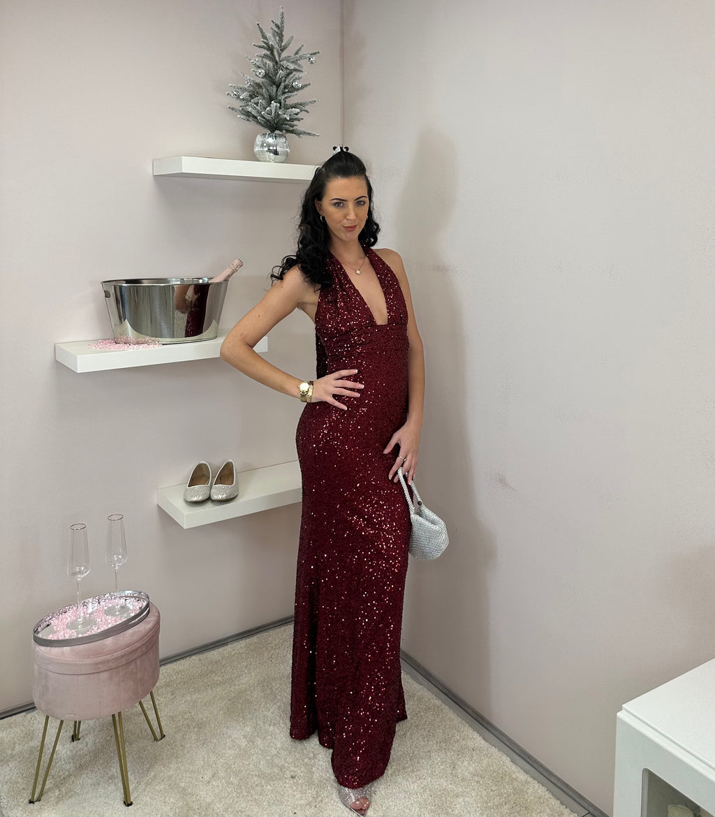 Burgundy Sequin Plunge Halter Neck Maxi Dress