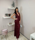 Burgundy Sequin Plunge Halter Neck Maxi Dress