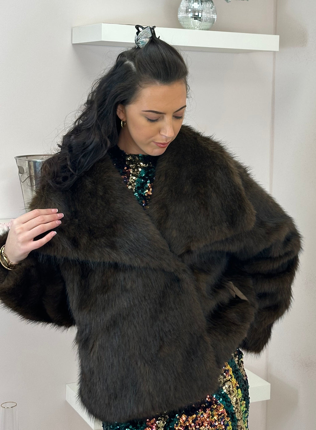 Brown Oversized Lapel Faux Fur Jacket