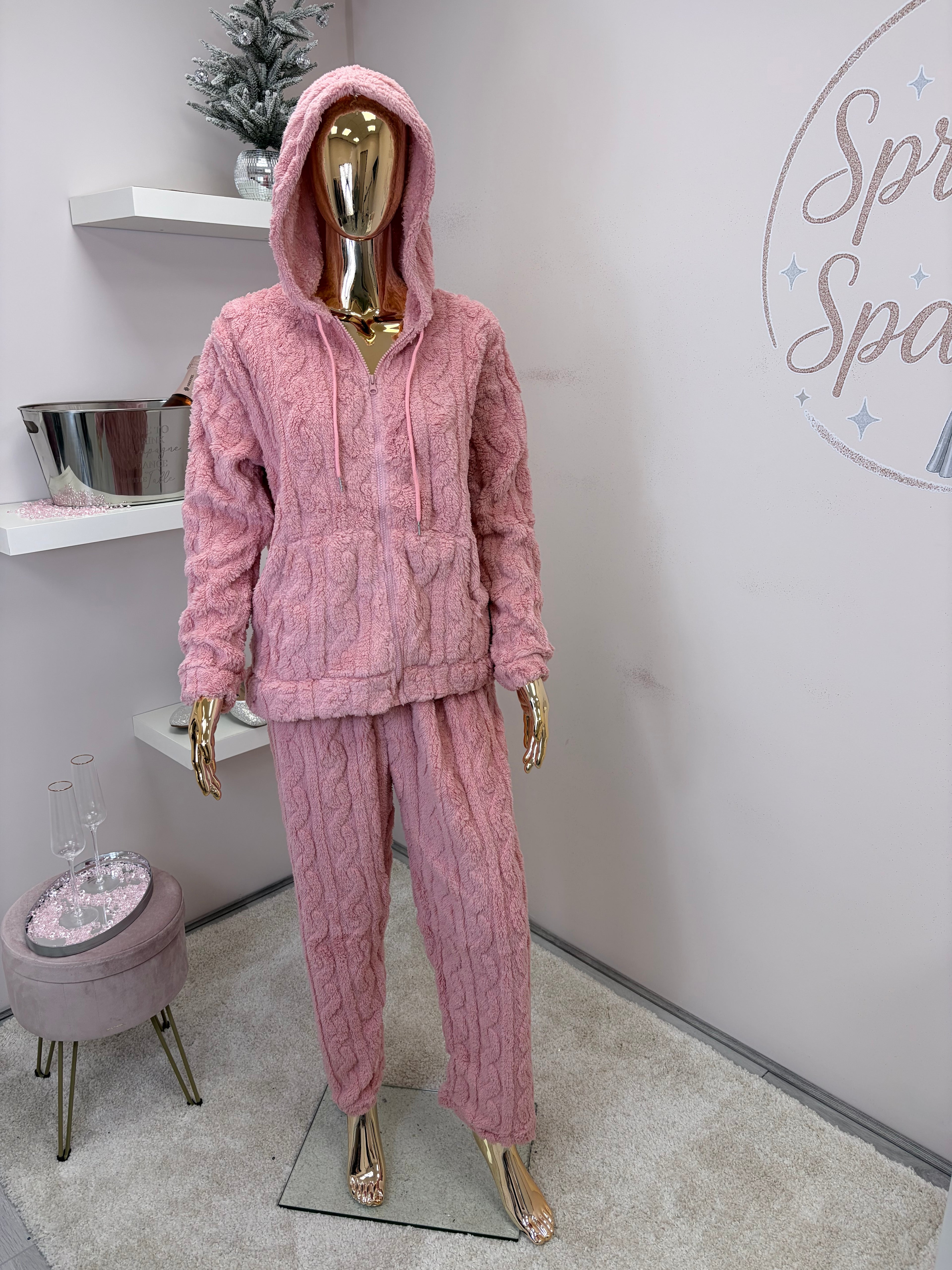 Pink Textured Teddy Zip Hoodie and Trouser Lounge Set/ Pyjamas