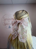 Pink Oversized Floral Lace Hair Bow Clip