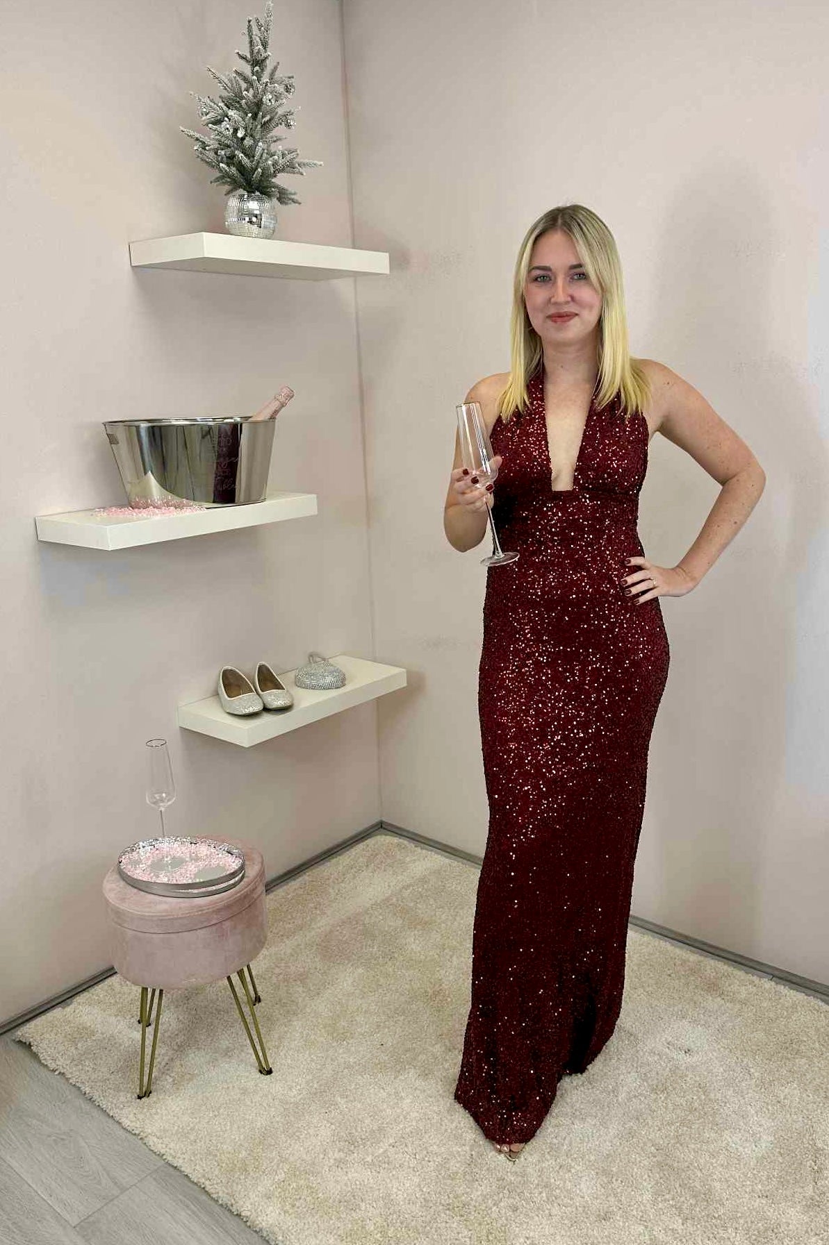 Burgundy Sequin Plunge Halter Neck Maxi Dress