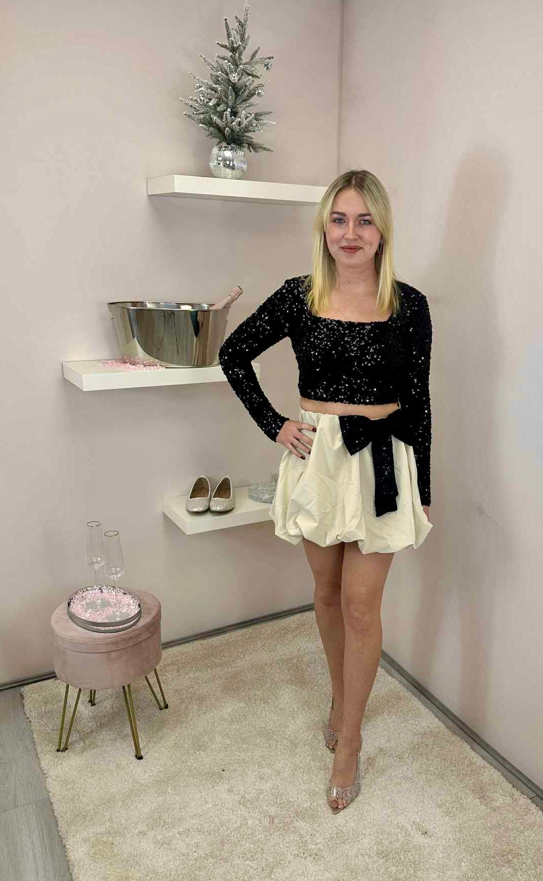 Black & Beige Sequin Bow Puff Ball Mini Skirt