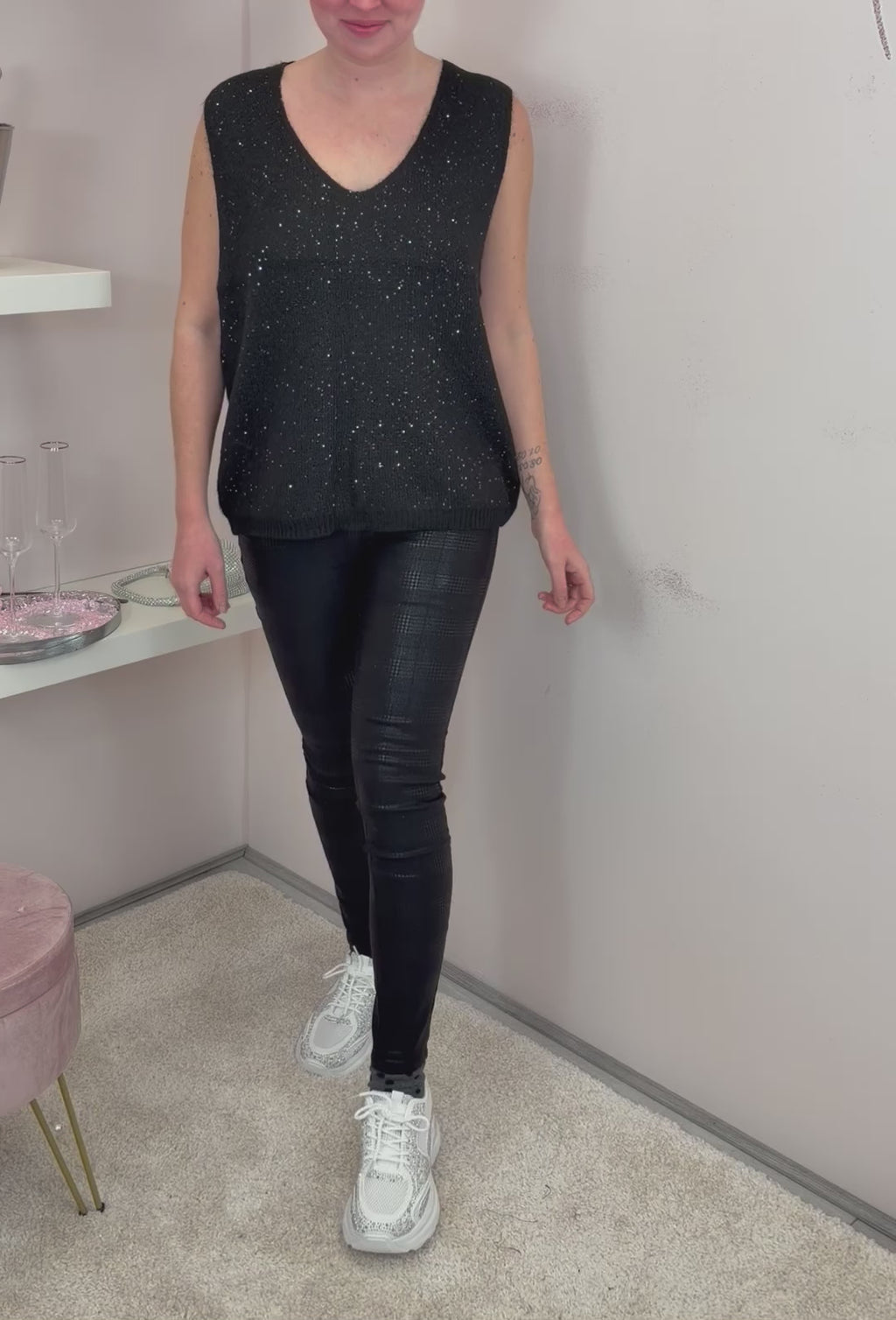 Black Sequin Sparkle V Neck Vest Knit Jumper
